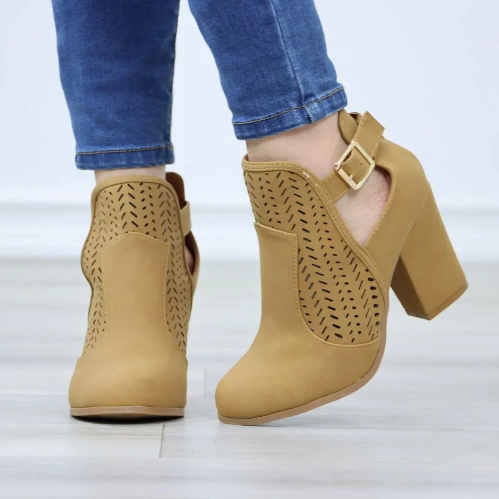 Tan Faux Nubuck Round Toe Block Heeled Ankle Boots Lacer Cut Design - Picture 9 of 12